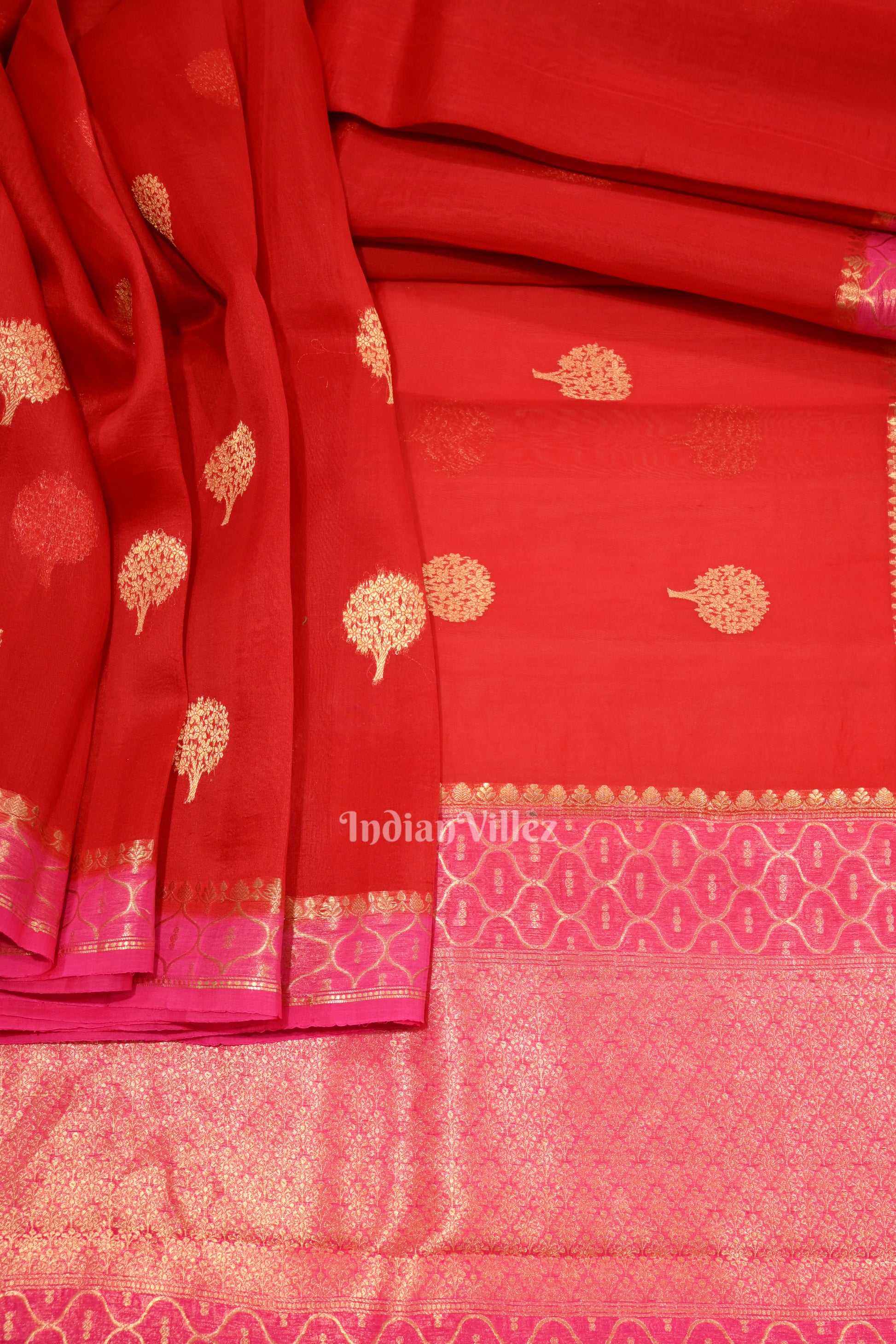 Pure Red Kora Banarasi Tissue Saree With Floral Handwork