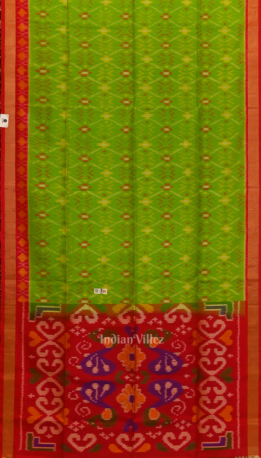 parrot Green with Pure Red Handloom Pochampally Ikat Silk Saree 