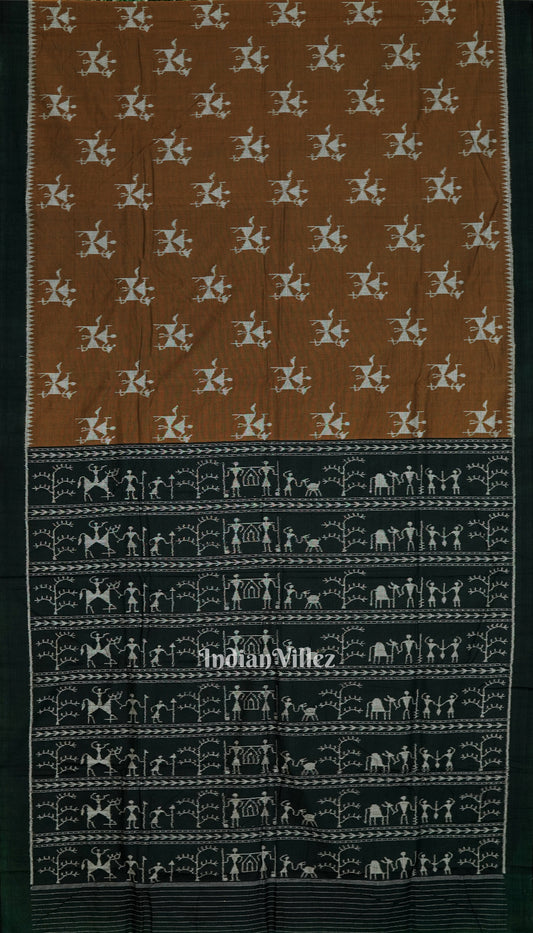 Brown Tribal Theme Odisha Ikat Sambalpuri Pure Cotton Saree