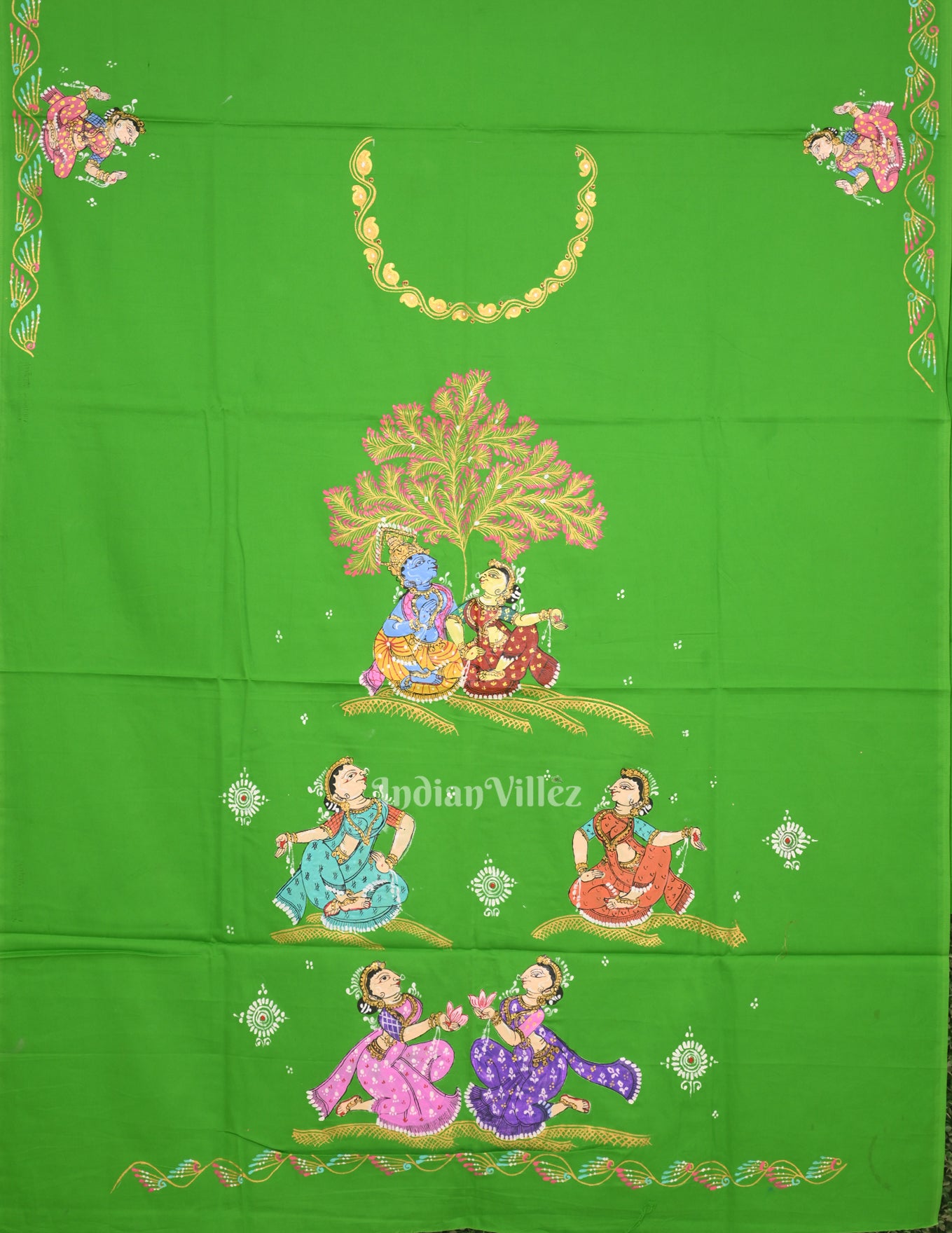 Green with Radha Krishna Art Kurti Cotton Hand-Painted Pattachitra Dress 