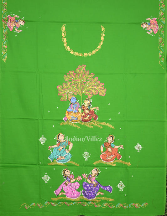 Green with Radha Krishna Art Kurti Cotton Hand-Painted Pattachitra Dress 