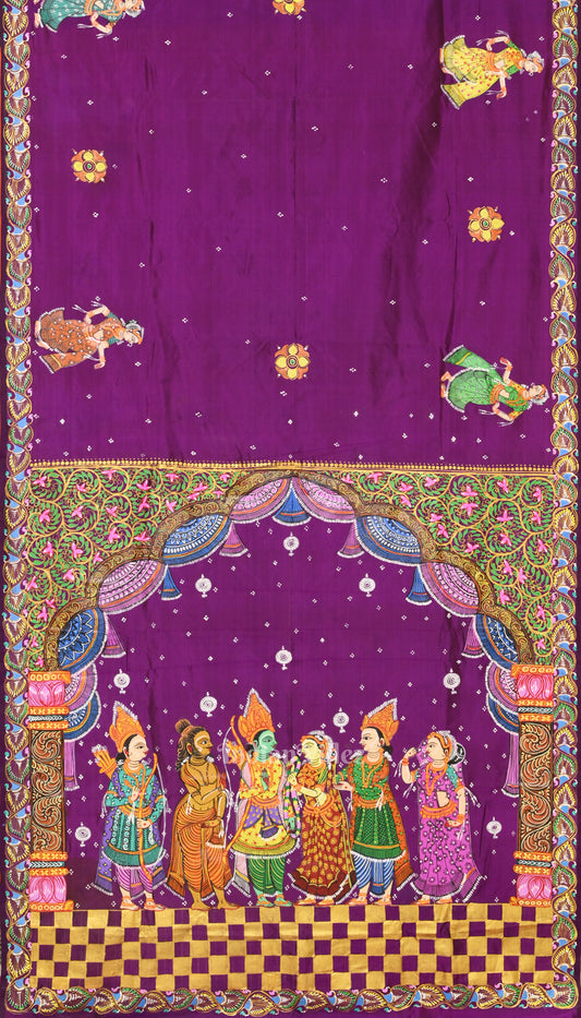 Violet Ramayan Theme Hand-Painted Pattachitra Saree 