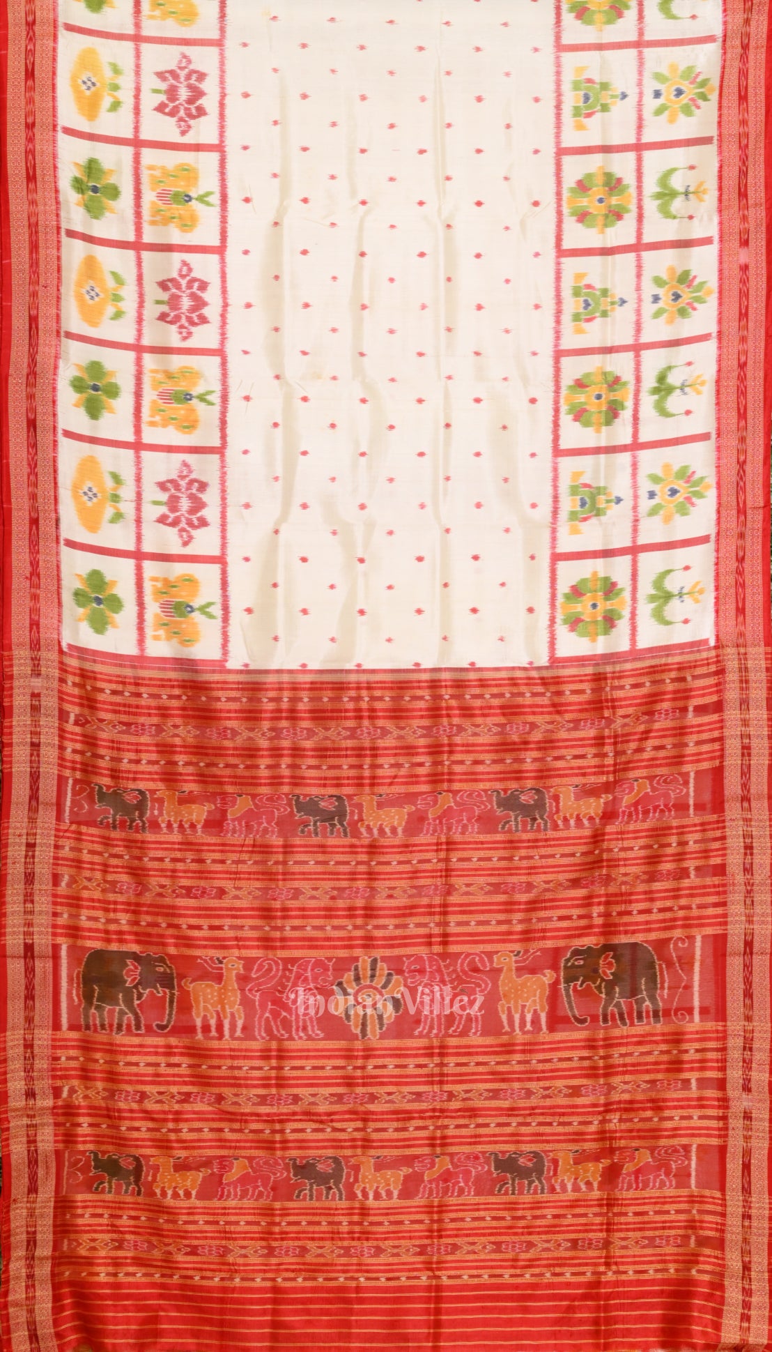 White Red Animal Theme Odisha Handloom Khandua Silk Saree