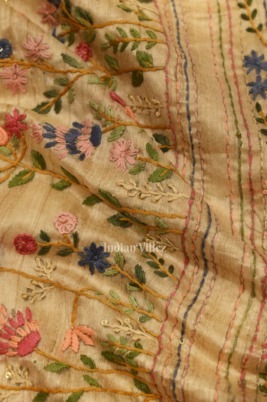  Off White Multi Color Flower Tussar Banarasi Silk Saree