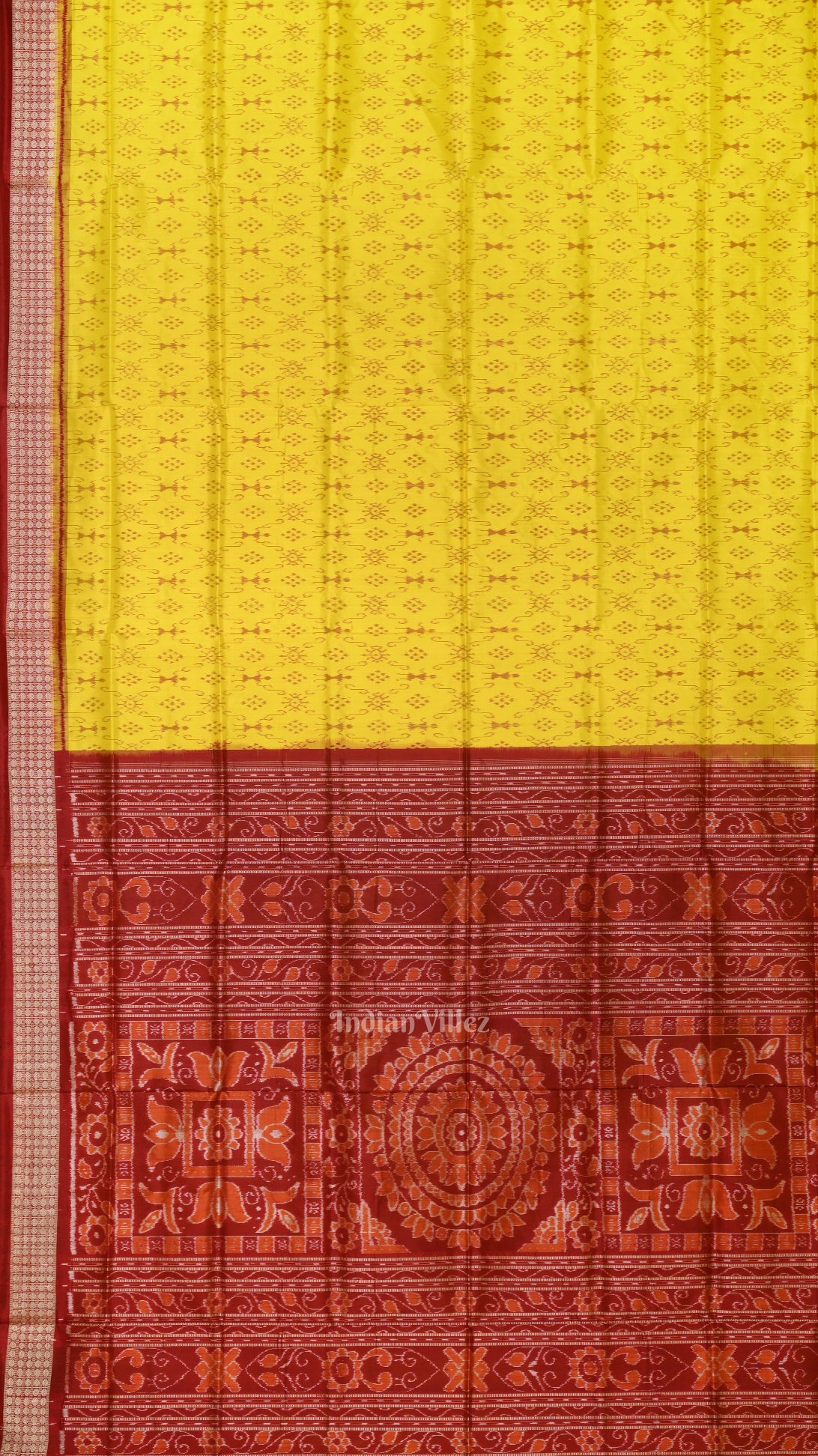 Lemon Yellow Maroon Tribal Theme Sambalpuri Silk Saree