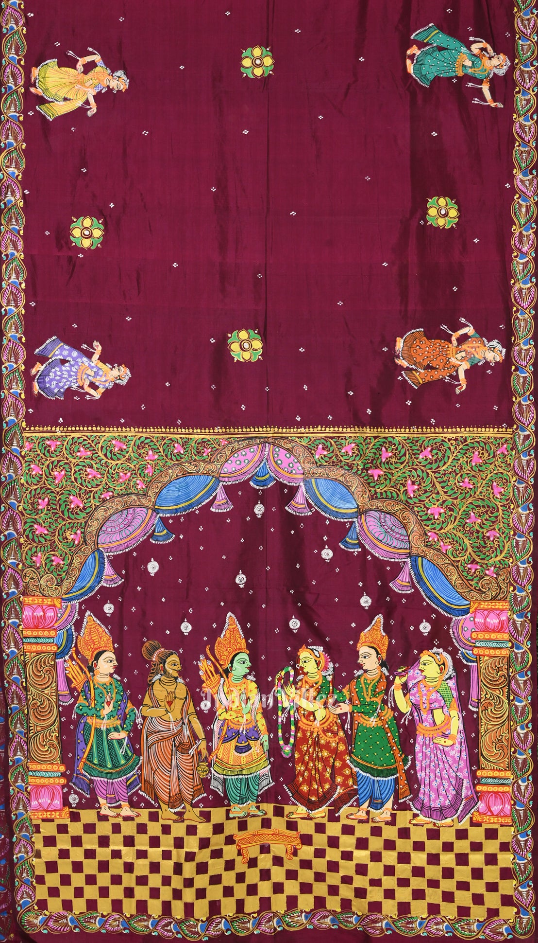 Magenta Red Ram Sita Vivah Theme Pattachitra Saree