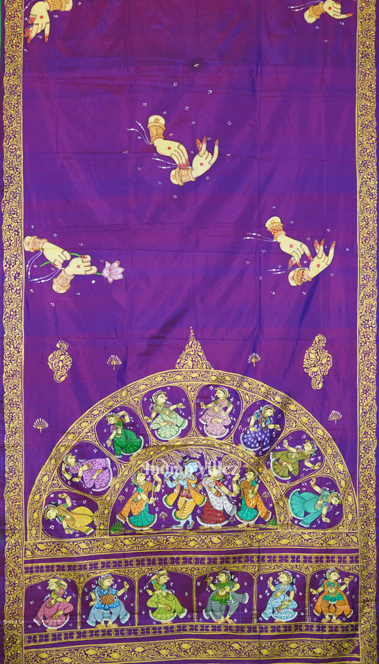 Violet Dual Tone Krishna Rasa Leela Pattachitra Saree (Pre Order)