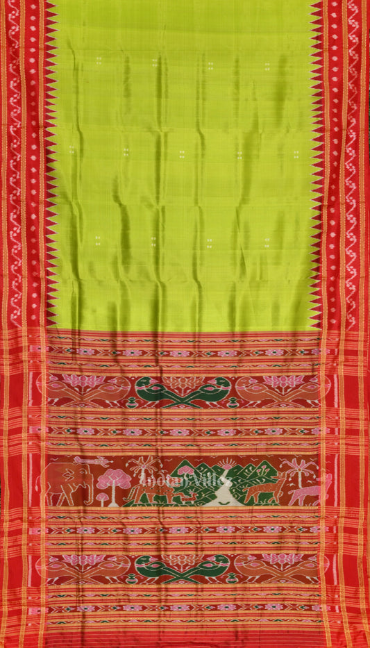 Parrot Green with Red Butta Design Odisha Ikat Khandua Silk Saree 