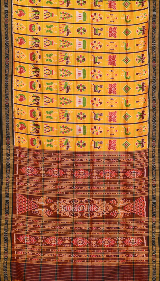 Yellow Maroon Odisha Ikat Sambalpuri Silk Saree 