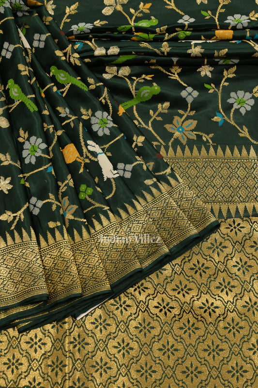 Dark Green with Golden Border Tussar Banarasi Handloom Silk Saree 