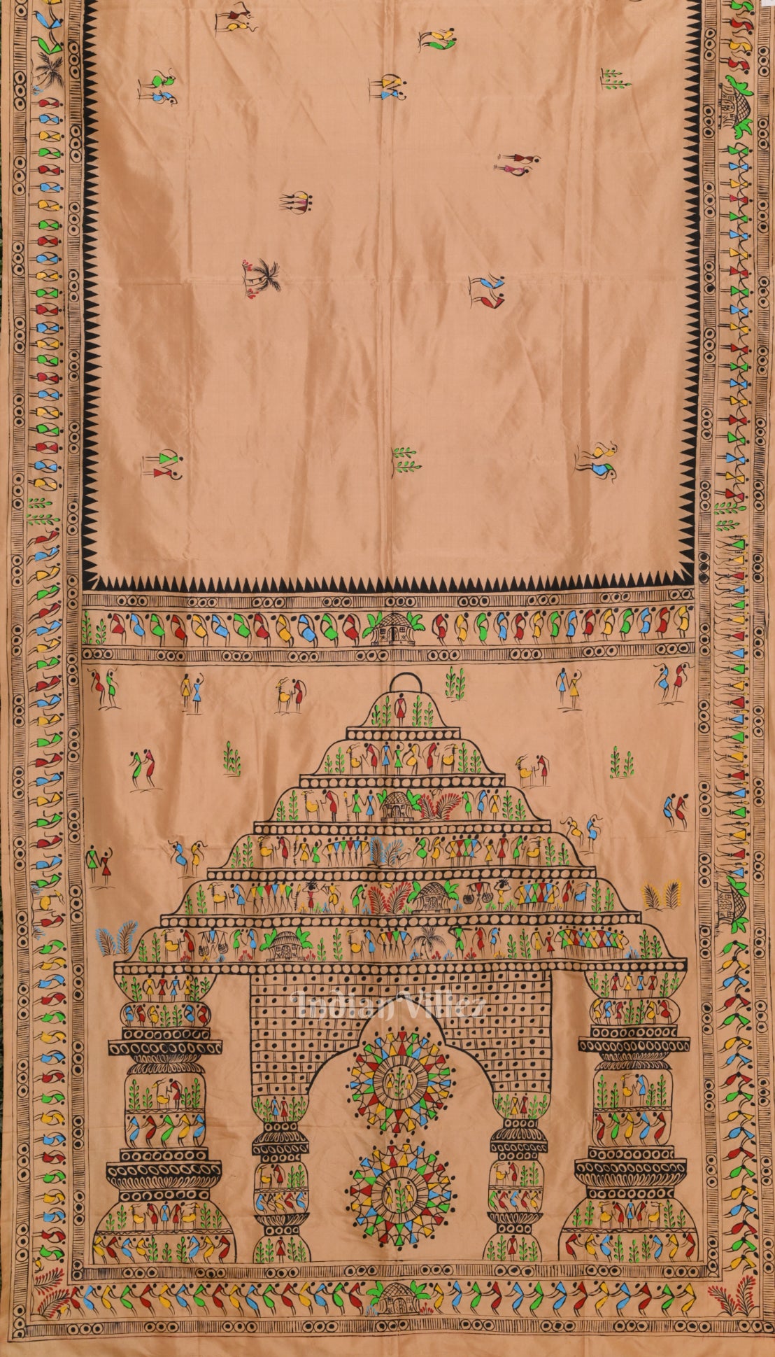 Beige Konark Temple Theme Pattachitra Silk Saree
