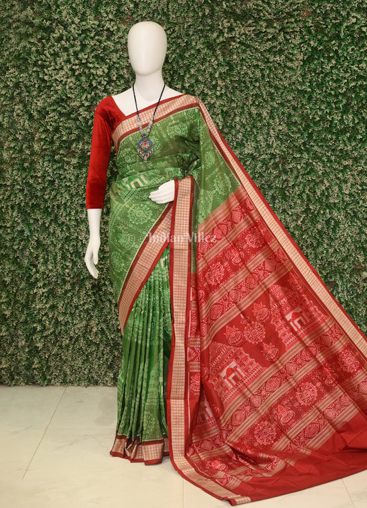 Green Dual Tone Odisha Ikat Konark Theme Sambalpuri Silk Saree