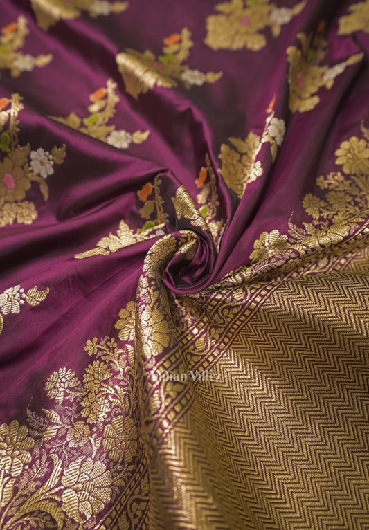 Dark Purple Floral Motif Designer Meenakari Banarasi Silk Saree