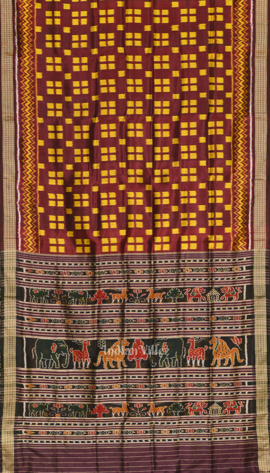 Coffee Pasapalli Border with Tribal Theme Ikat Khandua Silk Saree