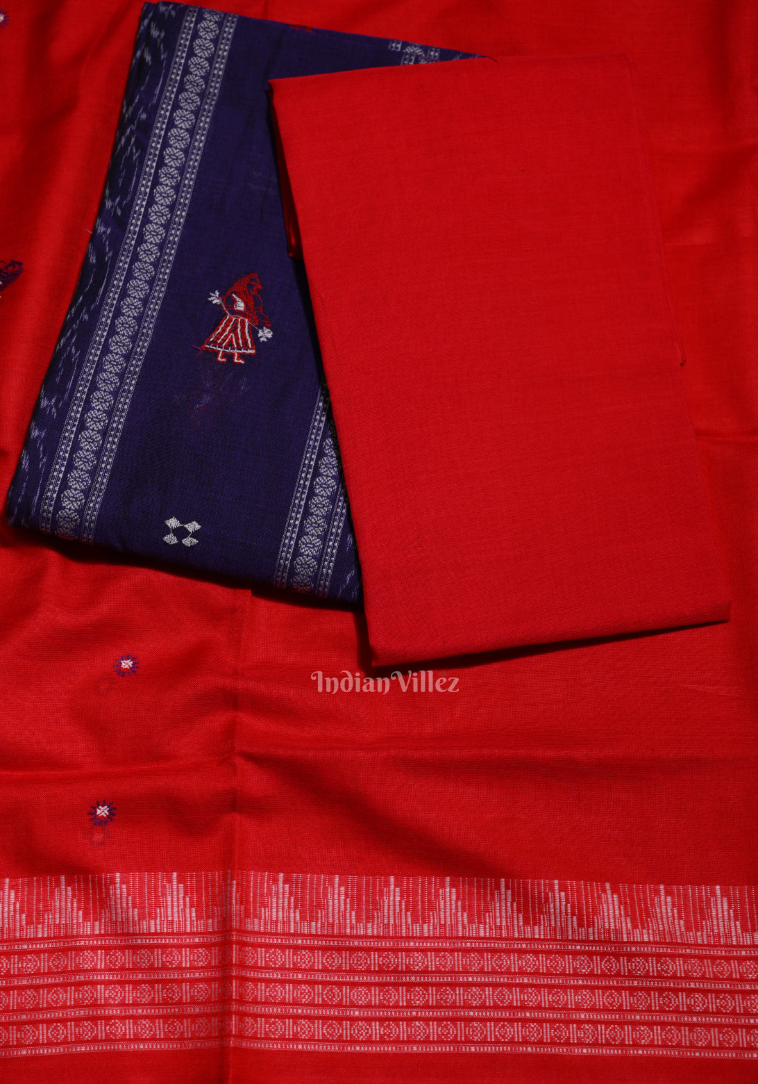 Blue Red  Doll Odisha Ikat Sambalpuri Cotton Dress Set with Dupatta