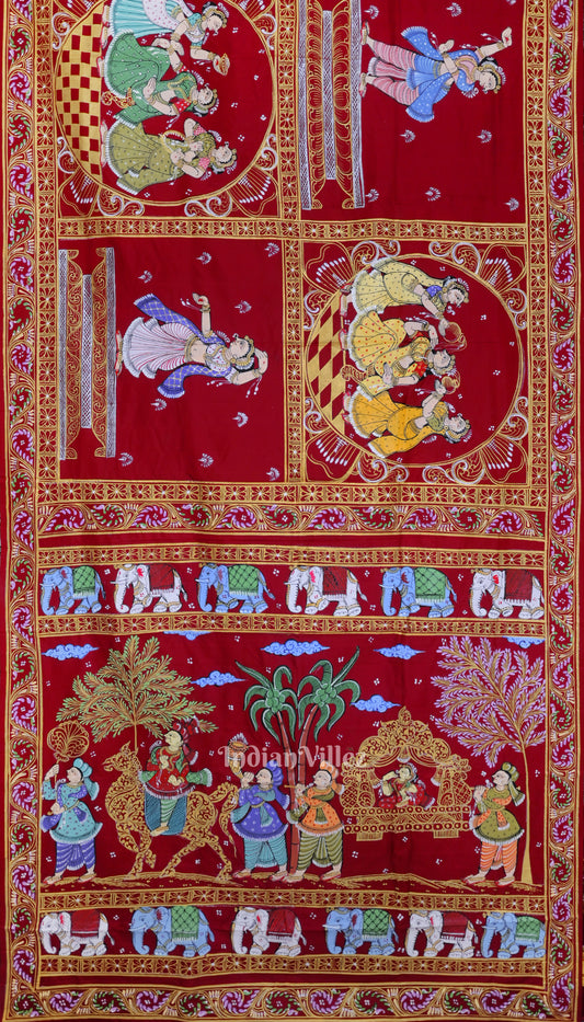 Maroon Doli Barat Marrage Theme Pattachitra Saree