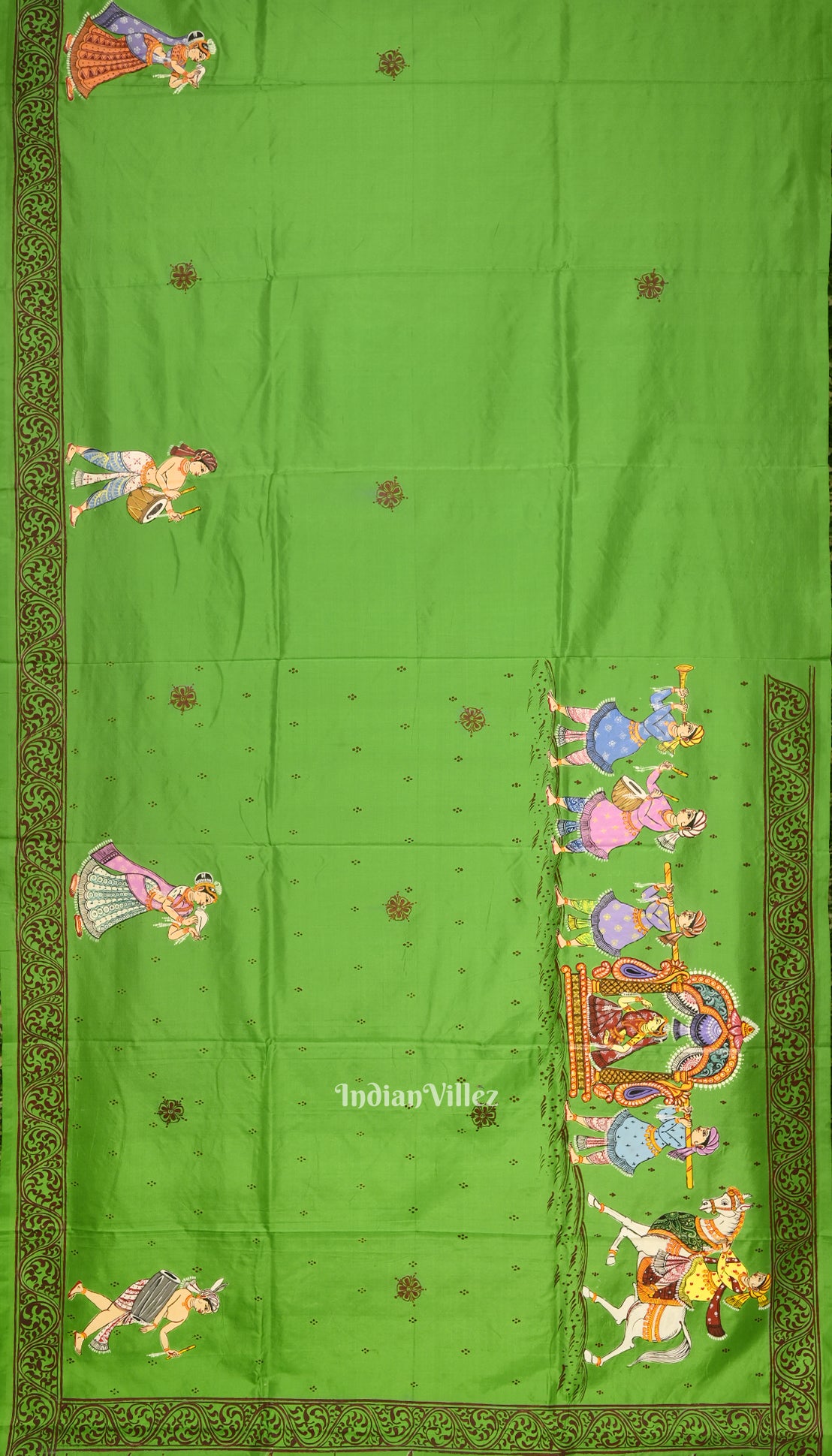 Green Doli Barat With Marriage Theme Hand-Painted Pattachitra Saree