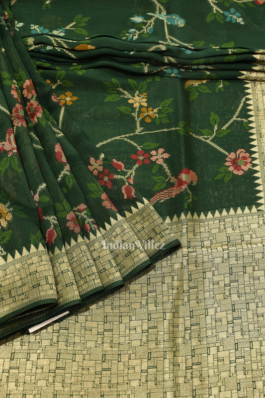 Dark Green Tussar Banarasi Silk Saree with Tassels 