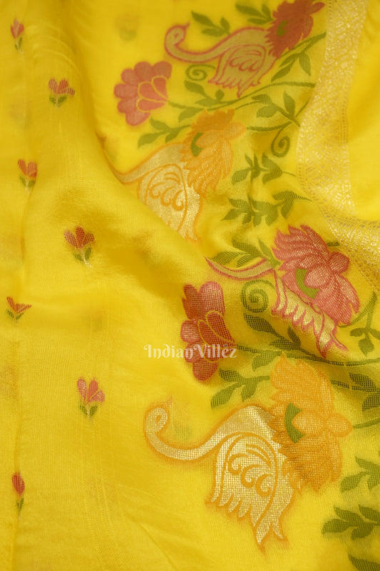 Dark Yellow Tussar Banarasi Silk Saree with Tassels