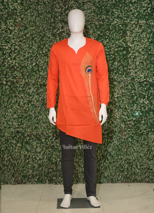 Orange Peacock Theme  Hand-Painted Pattachitra Kurta