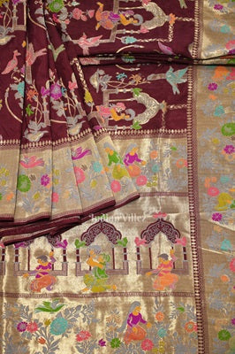 Wine Purple Tussar Georgette Banarasi Saree with Tassels