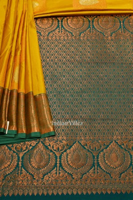 Yellow Pure Brocade with Green Broder Kanjivaram Silk Saree