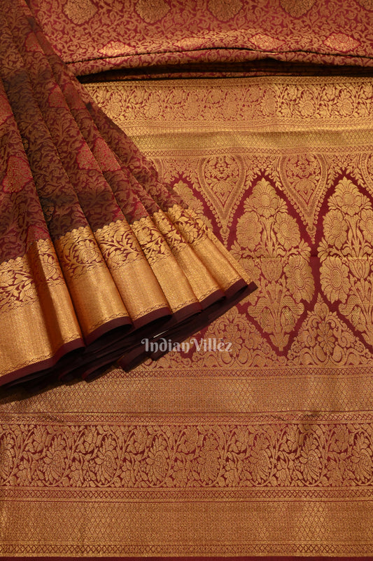 Deep Maroon Pure Brocade with Golden Broder  Bridal Kanjivaram Silk Saree 