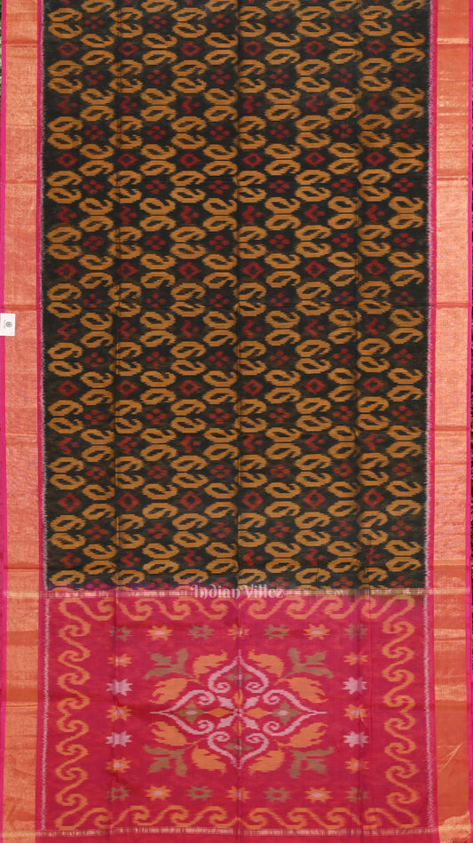 Black Pink Pochampally Ikat Sico (Silk & Cotton) Saree with Zari Border 