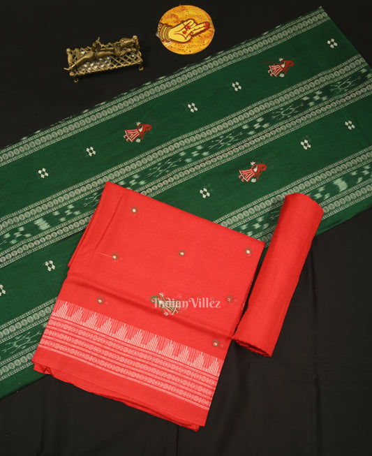 Green with Red Doll Odisha Ikat  Sambalpuri Dress Material & Dupatta