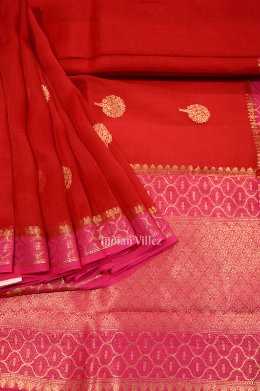 Pure Red Kora Banarasi Tissue Saree With Floral Handwork