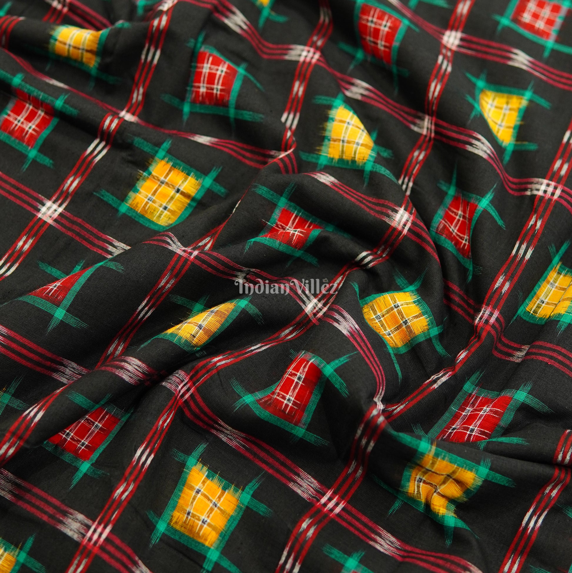 Black Pasapalli Motif Sambalpuri Ikat Cotton Fabric