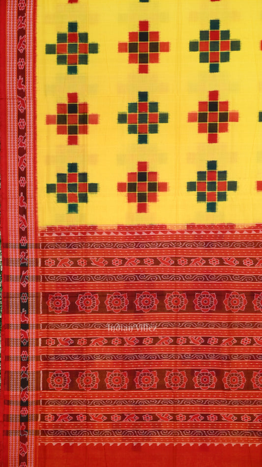 Yellow Red Sambalpuri Ikat Pasapalli Cotton Saree 