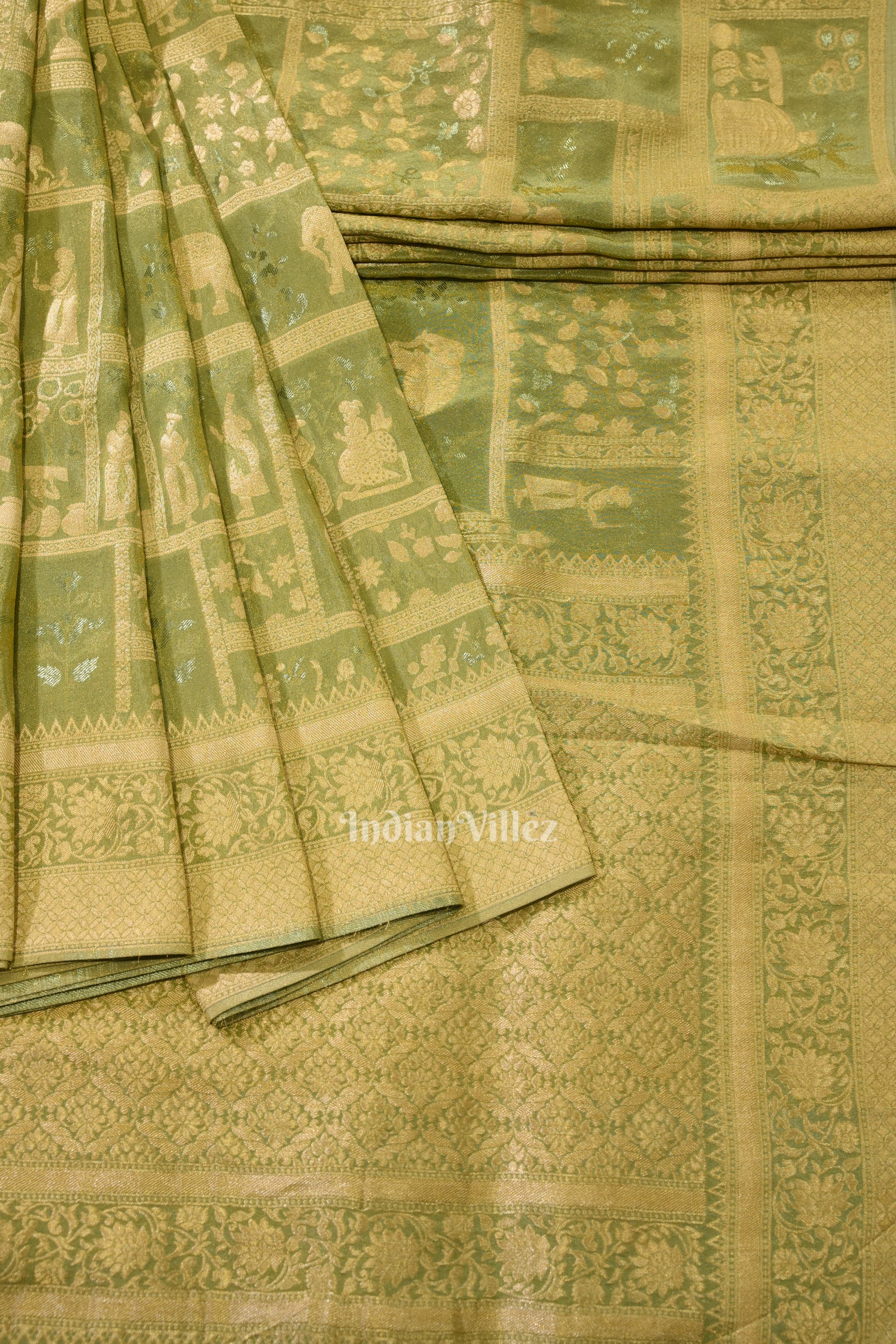 Parrot Green Shikargah Theme Banarasi Katan Tissue Saree