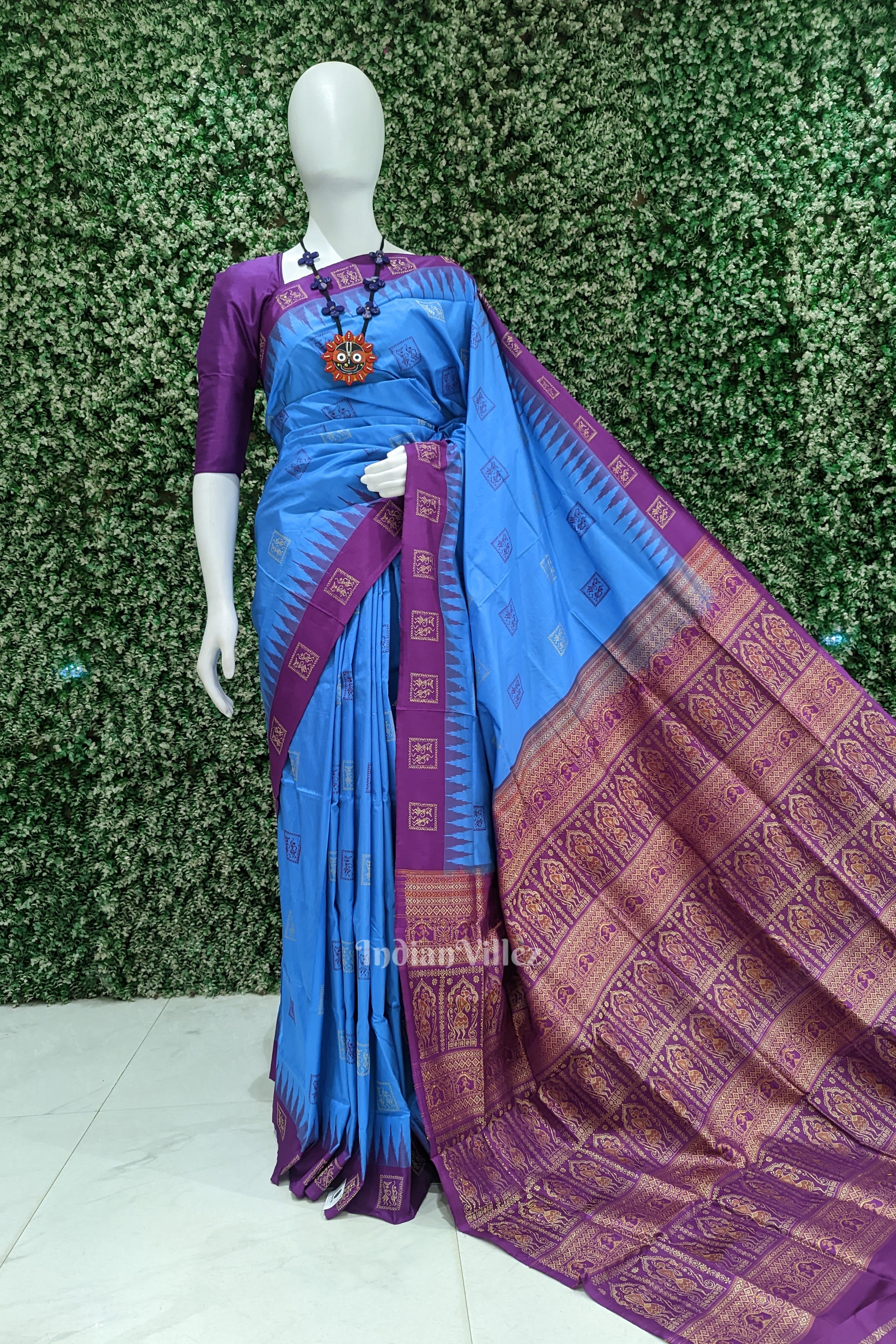 Sky Blue With Maroon Tribal Design Bomkai Sambalpuri Silk Saree