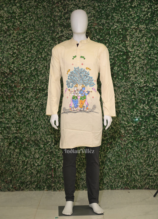 White Radha Krishna Raasleela Theme Hand-Painted Pattachitra Kurta