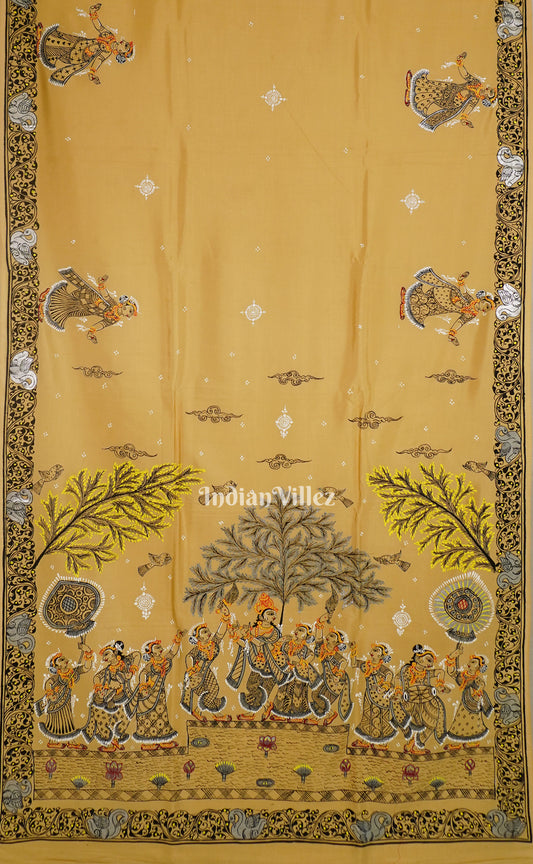 Honey Gold Radha Krishna Rasleela Pattachitra Khadi Silk Saree