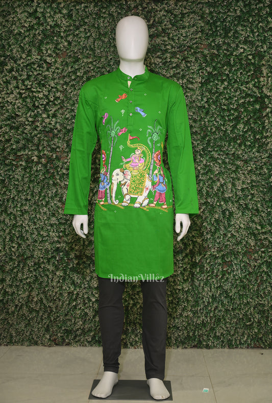 Green Kandarpa Hasti Hand-Painted Pattachitra Kurta