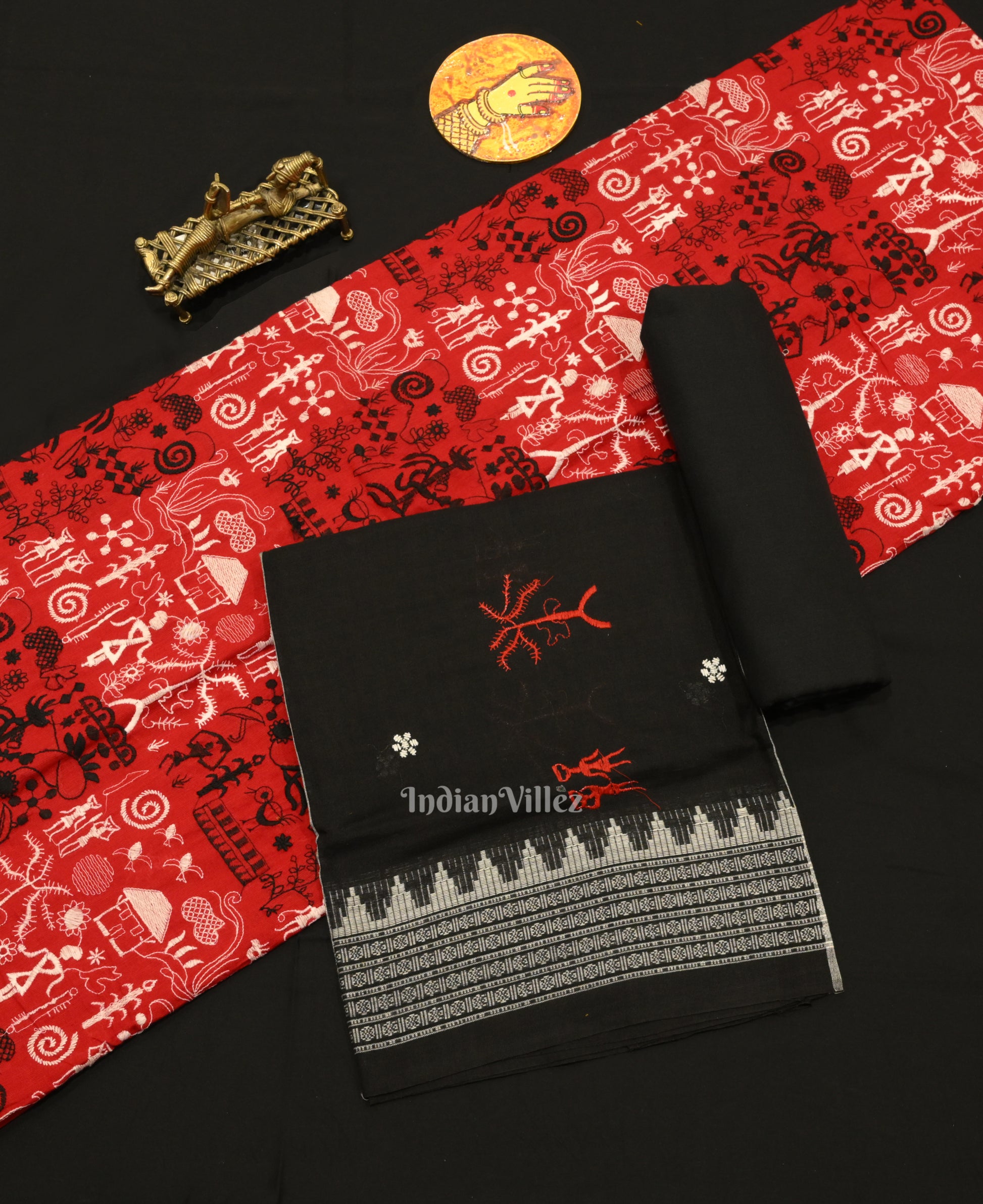 Red Black Tribal Design  Sambalpuri Cotton Dress set with Dupatta