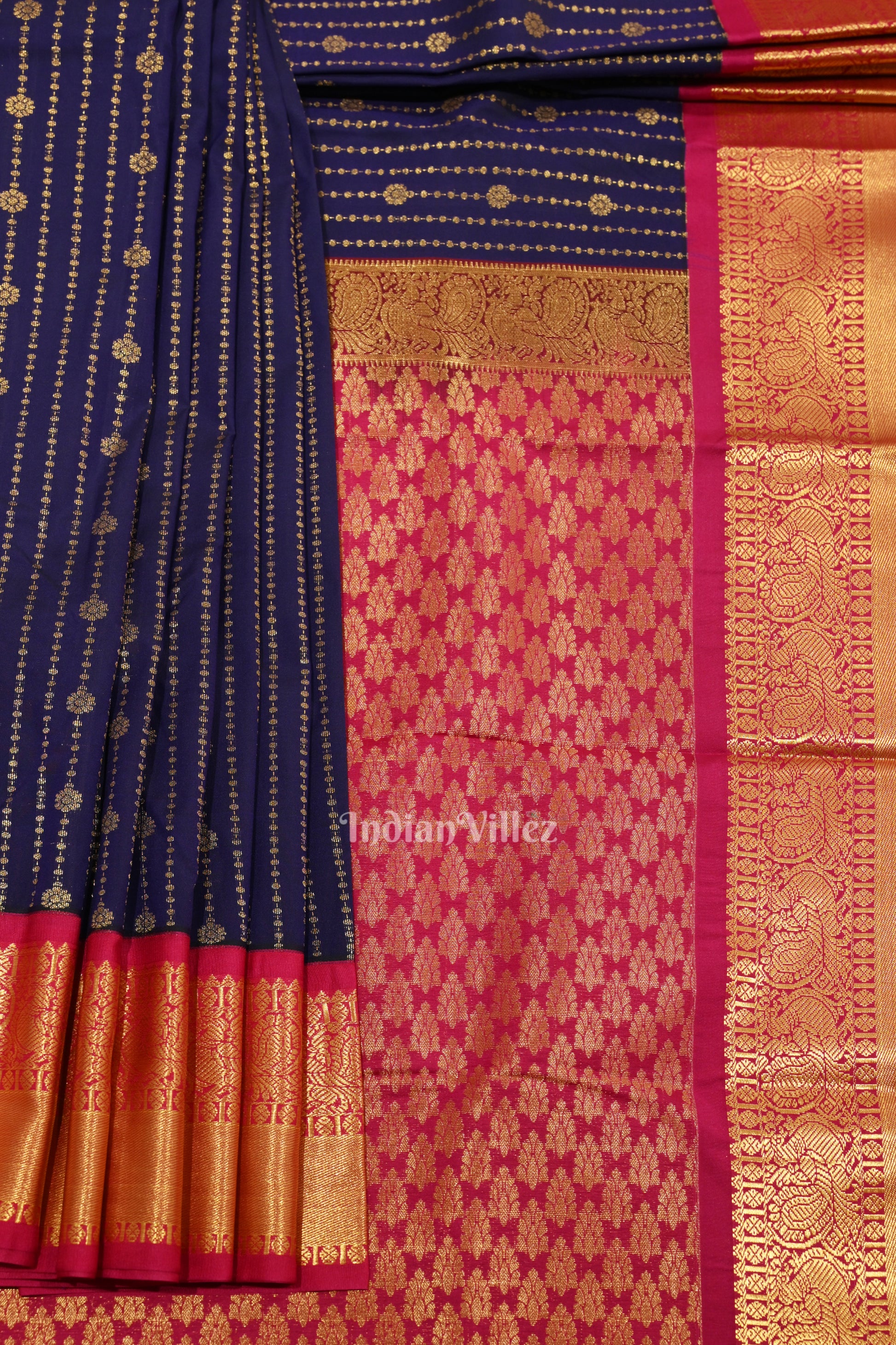 Deep Blue Rani Pink Pure Brocade Kanjivaram Silk Saree 