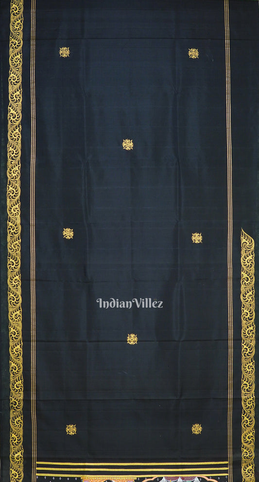 Black Rani Ramayana Theme Hand-Painted Pattachitra Silk Saree