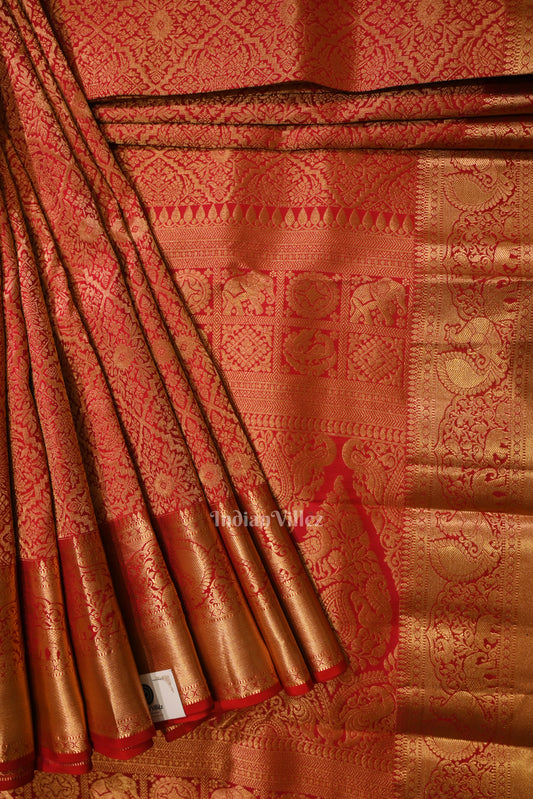 Bridal Red pure Kanjivaram Silk Saree with  Zari Brocade 