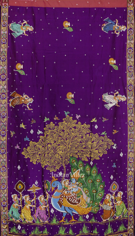 Purple Red Rasaleela Theme Hand-Painted Pattachitra Saree