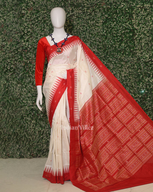 Pure White Red Buti pattern Bomkai Sambalpuri Silk Saree