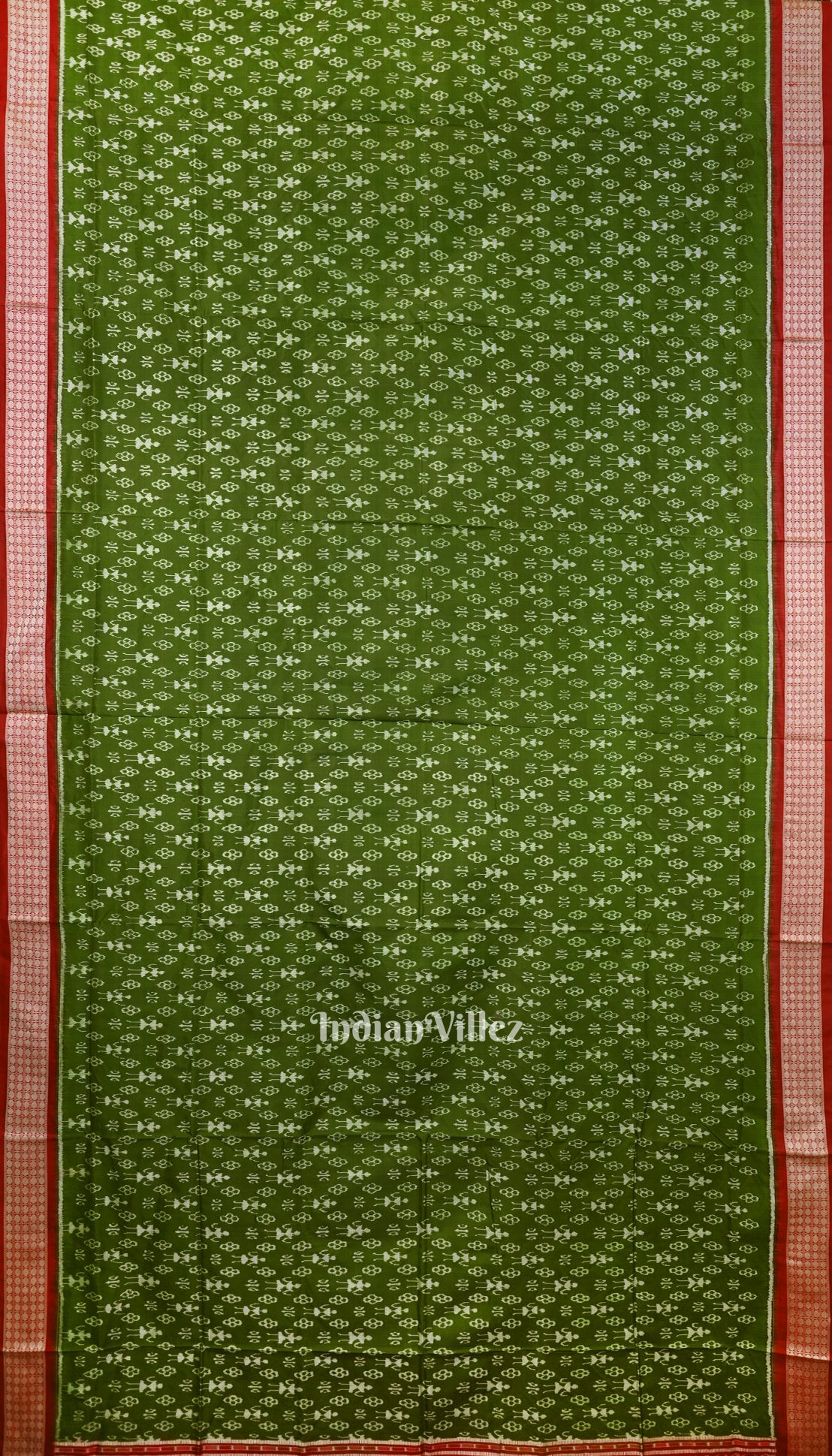 Dark Green With Red Anchal Tribal Theme Sambalpuri Silk Saree