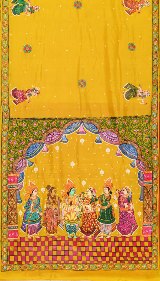 Yellow Radha Krishna Theme Hand-Painted Pattachitra Saree