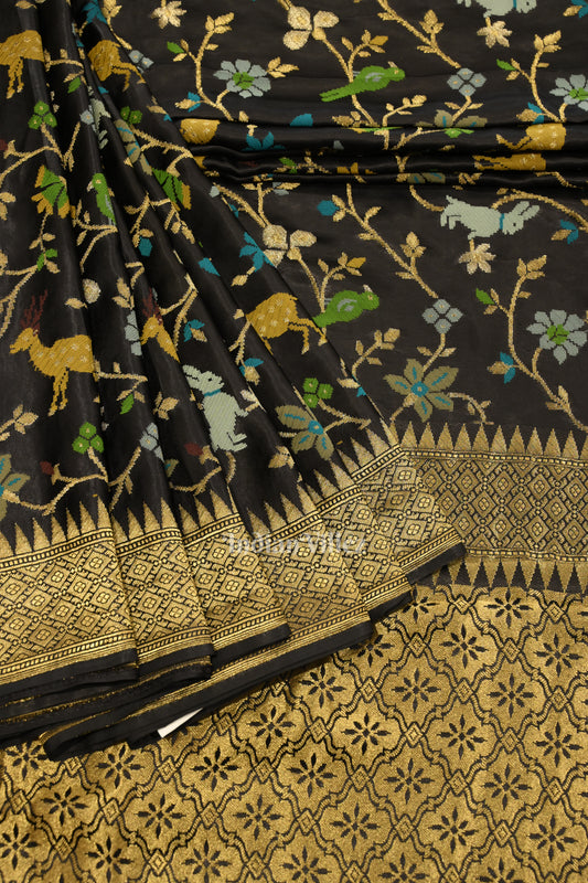 Black with Golden Border Tussar Banarasi Handloom Silk Saree 
