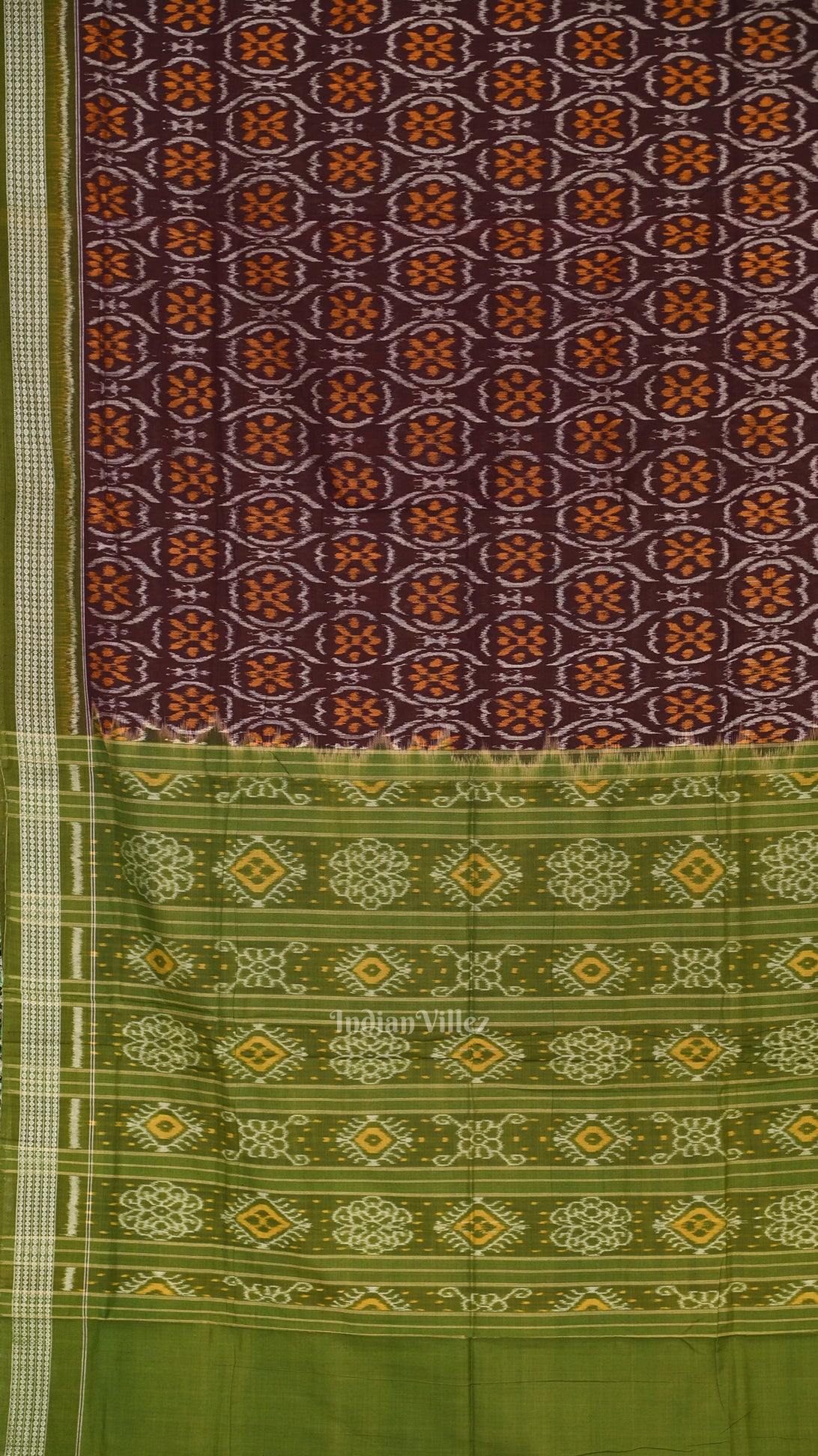 Coffee Green Pure Sambalpuri Ikat Cotton Saree