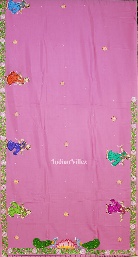 Pink Krishna Rasa Leela Theme Pattachitra Silk Saree