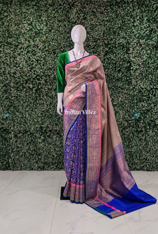 Blue-Grey Brocade Tussar Banarasi Handloom Silk Saree