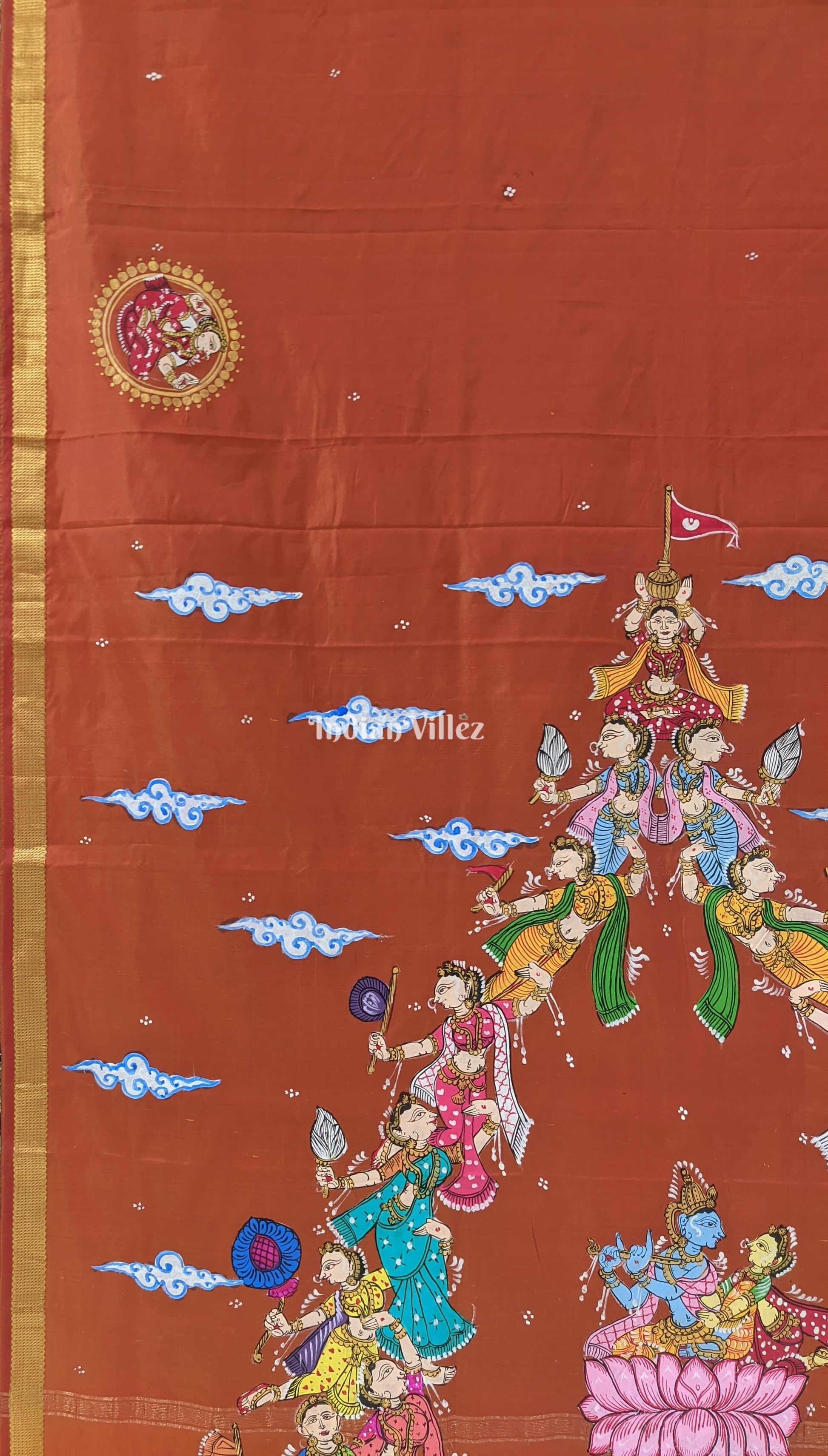 Rust Kandarpa Rath Pattachitra Art on Pure Kanjivaram Silk Saree